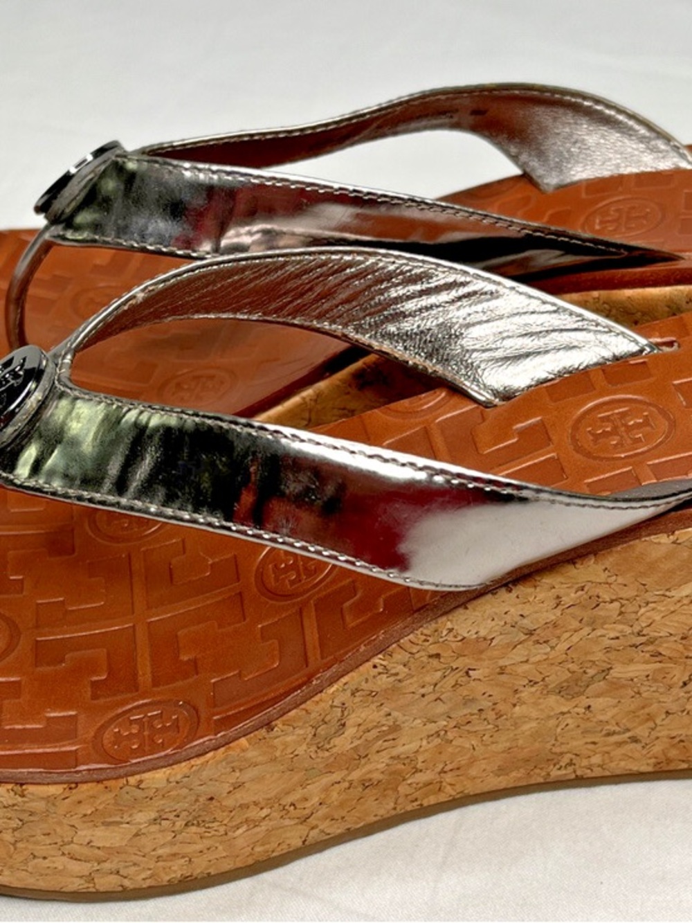 Tory Burch Metallic Silver Cork Wedge Flip Sandals